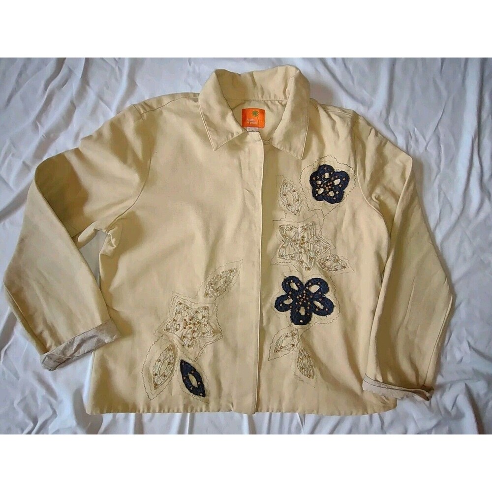 Sz 14 Button Up Embellished Lined Blazer Jacket Wood Beaded Canvas